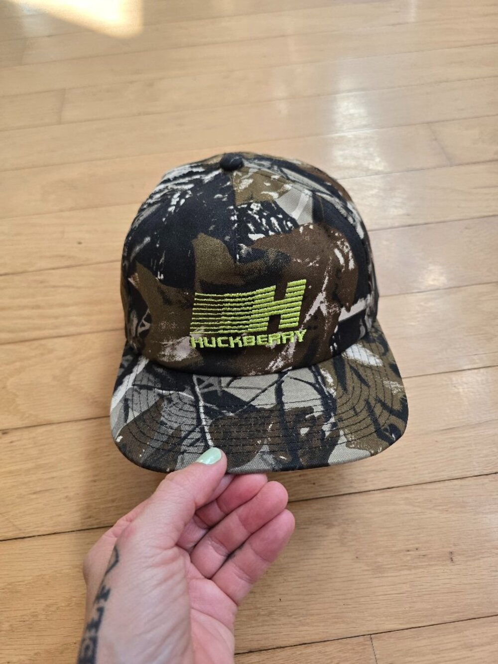Huckberry | Woodland Real-Tree Camo neon green gorpcore snapback